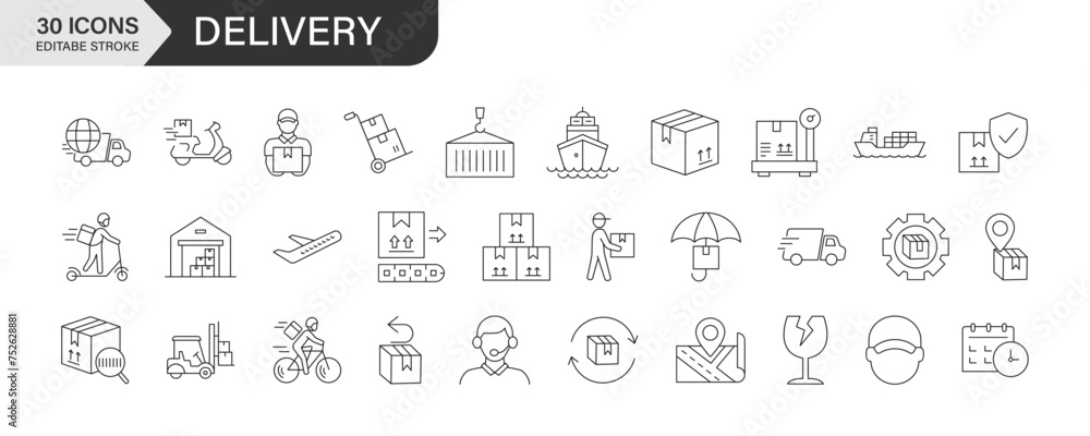 Delivery thin line vector icon set. Pixel perfect. Editable stroke. For Mobile and Web. Includes E-commerce, Online Shopping, Delivering, Freight Transportation, Shipping, Package, Speed, Container