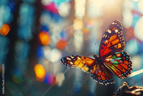 Bright butterfly with spread wings, clinging to blue stained glass, sunlight filtering through.