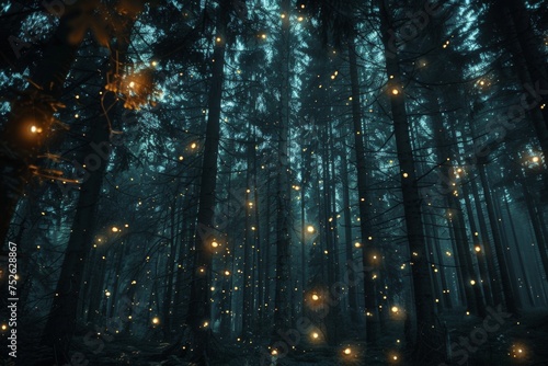 Majestic forest with towering trees illuminated by ethereal fireflies, creating a scene from a fantasy realm.
