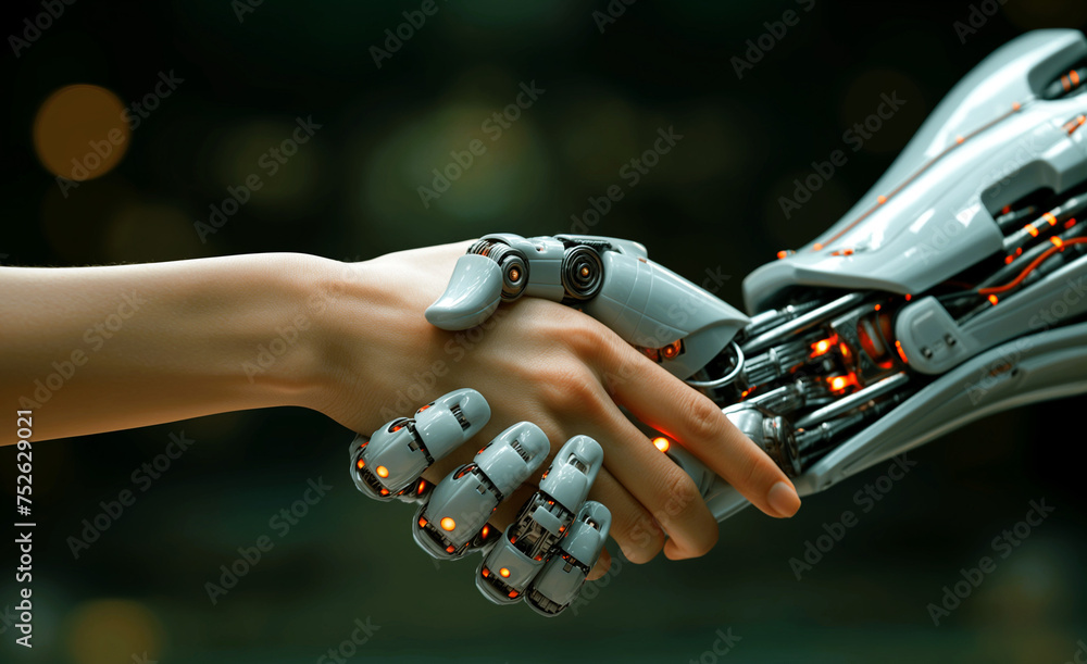A human hand shaking with a robot's hand, implying the future of humanity and robotics to work together