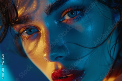 Vivid portrait of a woman bathed in blue and red neon lights, her gaze intense, exuding mystery and cinematic allure.

