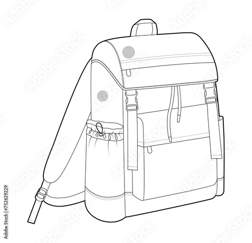 Adventure backpack silhouette bag. Fashion accessory technical illustration. Vector schoolbag 3-4 view for Men, women, unisex style, flat handbag CAD mockup sketch outline isolated