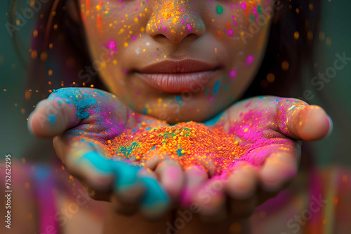Holi festival. Hands cupped together, covered in vivid red yellow and pink Holi powder, against a backdrop of celebration and colorful attire.