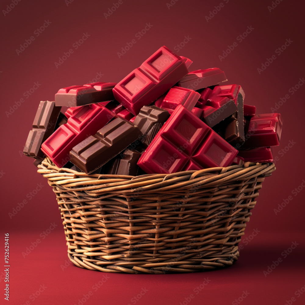 wicker basket full of chocolate bars with red packaging wicker basket full of chocolate bars with red packaging