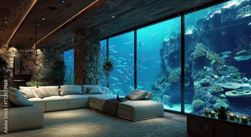 Luxurious Modern Interior Design: Aquarium as Nature-Inspired DÃ©cor © AIGen