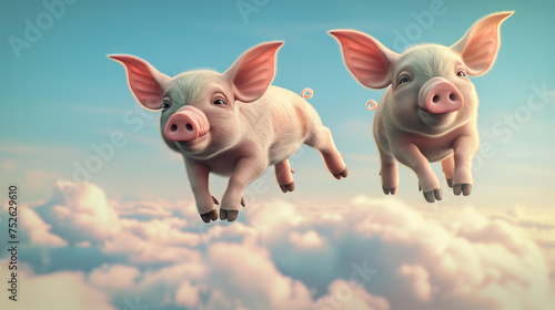 Pigs Flying in the Sky with No Wings and Big Ears. When Pigs Fly Saying.
