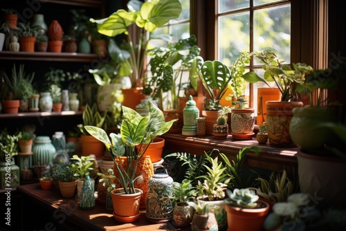 A room filled with many potted plants on a sunny day.