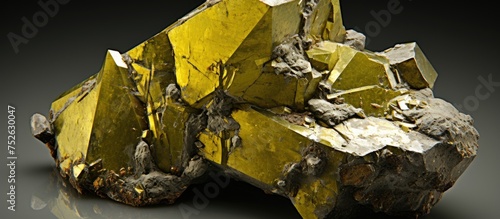 A yellow pyrite rock stands out against a black background. The rock, formed from iron sulfide compound FeS2, showcases its unique color and texture in contrast to the dark backdrop.
