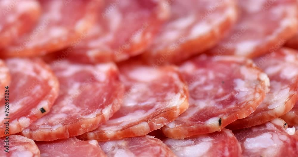 Close up video of Salami sausage slices background. Slices of smoked sausage. Food background Close up video of Salami sausage slices background. Slices of smoked sausage. Food background