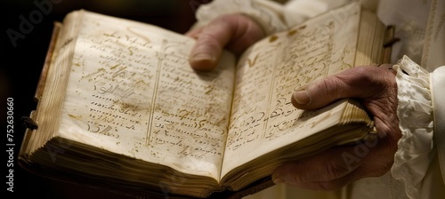 Hands holding and reading from haggadah with focus and devotion, copy space available