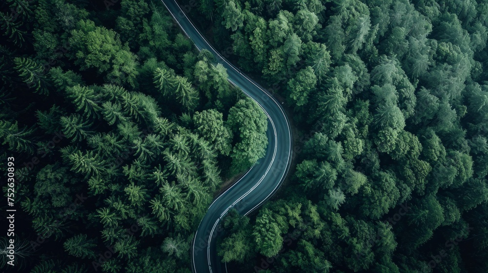 mountain road in a dark green forest generative ai