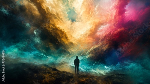  A solitary figure stands before an awe-inspiring cosmic cloud, a visual metaphor for contemplation and the sublime.