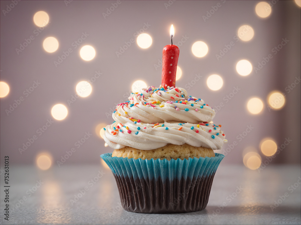 Delicious birthday cupcake on table on soft light Delicious birthday cupcake on table on soft light
