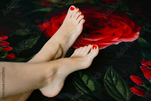 Pretty feet and toes after a day at the spa with red rose background