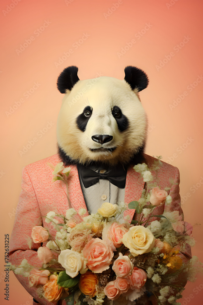 A panda in elegant suit holds fresh spring flowers and gives them away for Valentine's Day. Abstract concept. A bear stand like a human.