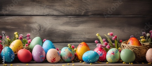 A row of brightly painted Easter eggs is displayed neatly on top of a rustic wooden table. Each egg features unique designs and colors, creating a vibrant and festive display.