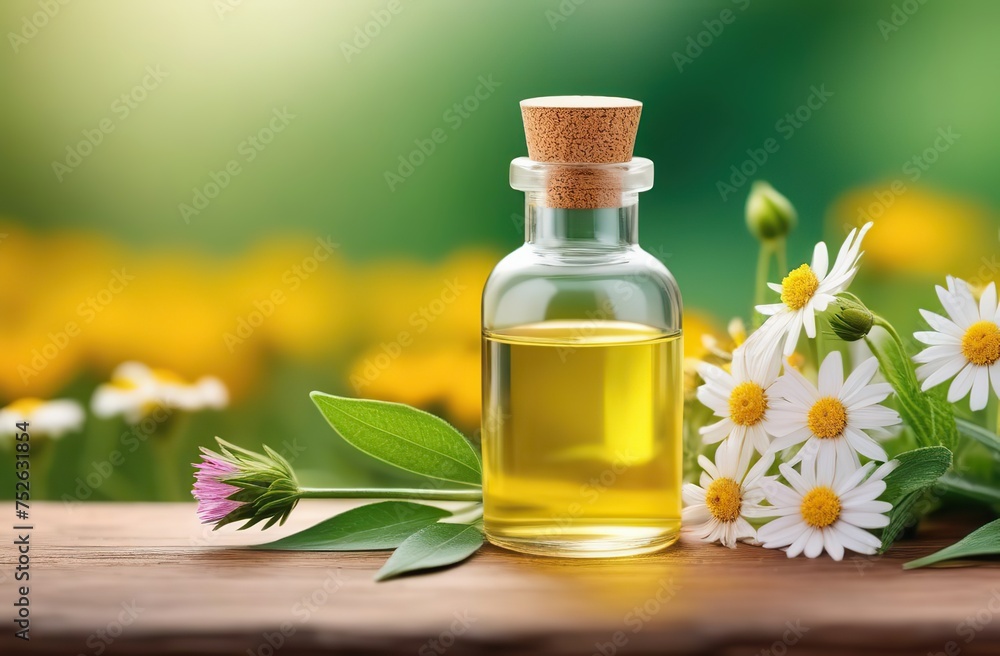 Homeopathic bottle with wildflowers Alternative medicine concept Flat layout Copy space Homeopathic bottle with wildflowers Alternative medicine concept Flat layout Copy space