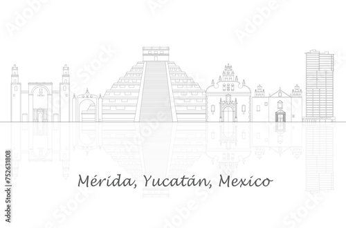 Outline Skyline panorama of city of Merida, Yucatan, Mexico - vector illustration