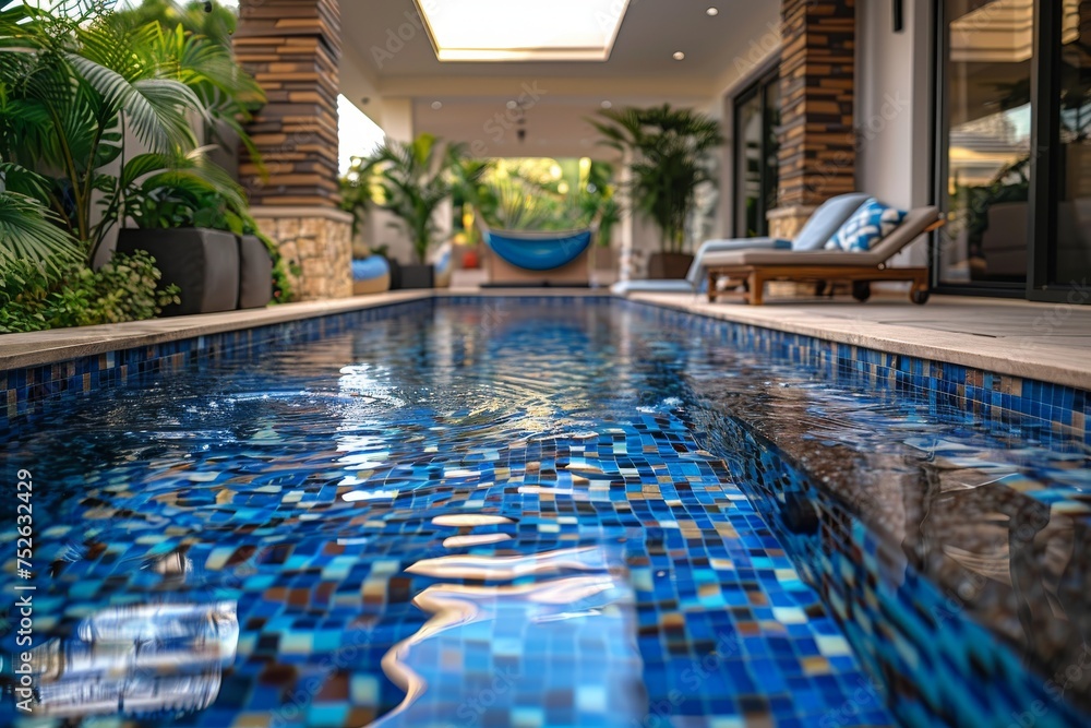 Tranquil luxury pool in a tropical setting, lined with vibrant blue tiles, glistens in the sunlight, accompanied by modern sun loungers and a hammock in the background