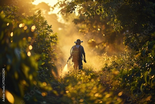 Industrial Workers Spraying Organic Pesticides in Fruit Orchard for Pest Control