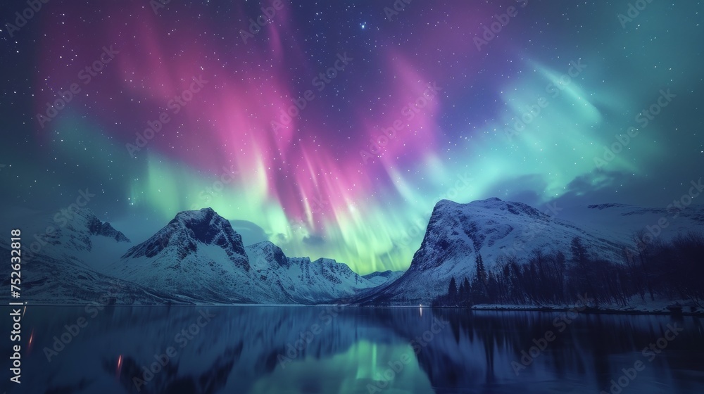 Beautiful aurora northern lights in night sky with lake snow forest in winter. Beautiful aurora northern lights in night sky with lake snow forest in winter.