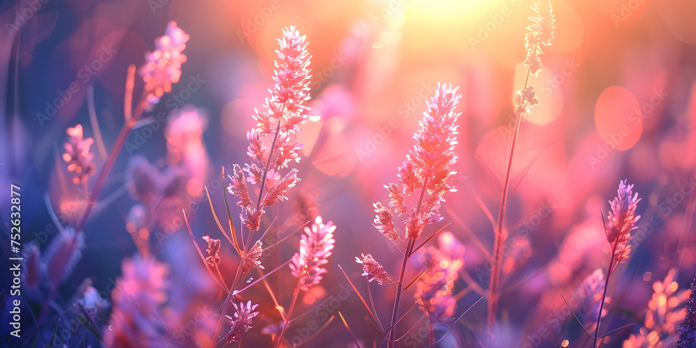 colorful grass in the lawn in the rays of the sunset A field filled with rows of lavender plants in full bloom with their fragrant purple flowers swaying gently in the breeze. - obrazy, fototapety, plakaty 