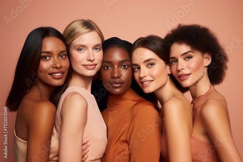 Four Confident Women Showcasing Beauty Across Different Ethnicities. Inclusivity in Fashion and Portrait of Elegance