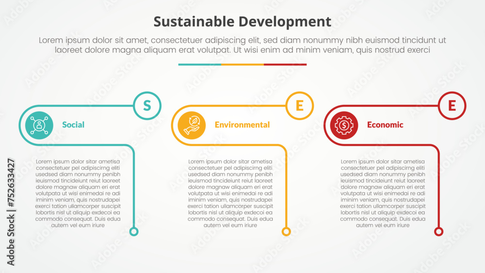 SEE sustainable development infographic concept for slide presentation with creative outline table circle with 3 point list with flat style