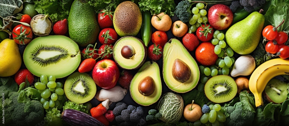A close-up view of a colorful assortment of fruits and vegetables, showcasing an array of apple, banana, kiwi, avocado, and sprouts in a visually appealing arrangement.