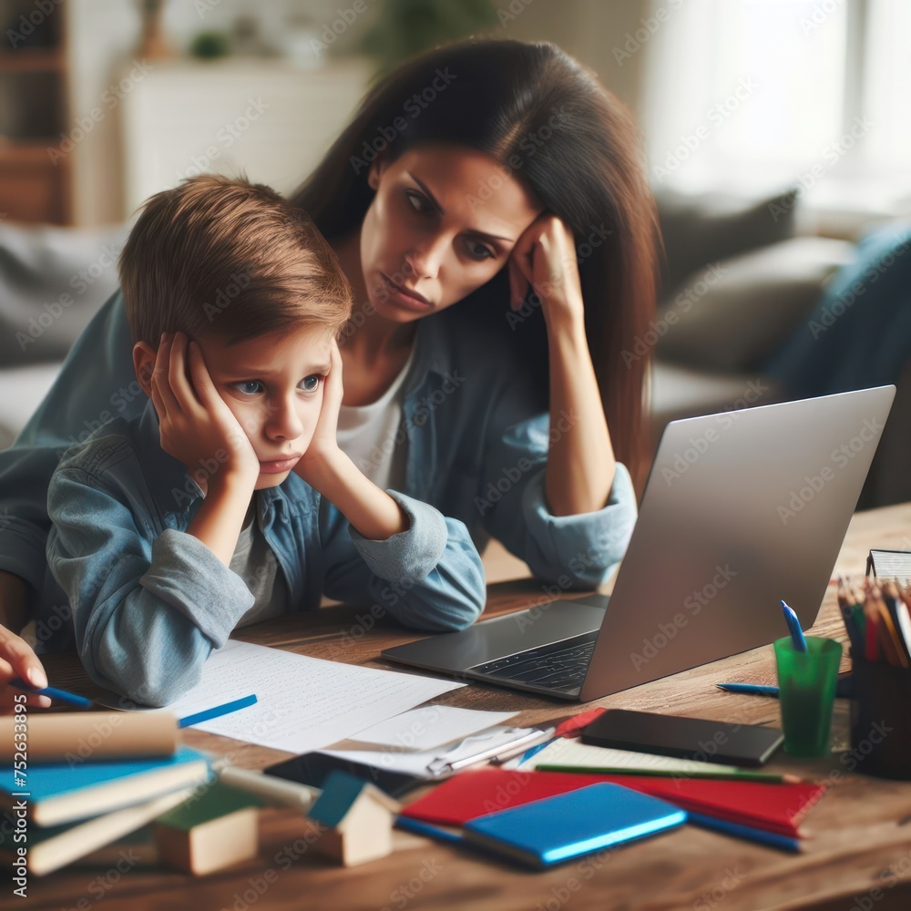 Tired mother helping her child with homework Tired mother helping her child with homework