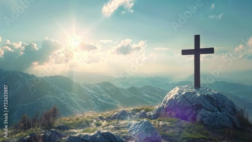 christian wooden cross on mountain top and green field, religious and spirituality concept Generative AI photo