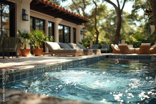 Luxurious home pool bordered by mosaic tiles, with sun loungers and lush potted plants in the background © Aurora Blaze