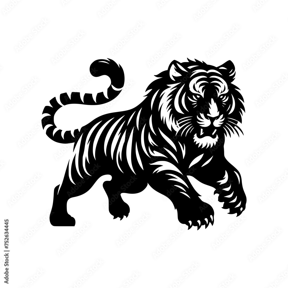 Black and white illustration of a running tiger. professional vector logo of a tiger. Tattoo design for a big cat. Black and white illustration of a running tiger. professional vector logo of a tiger. Tattoo design for a big cat.