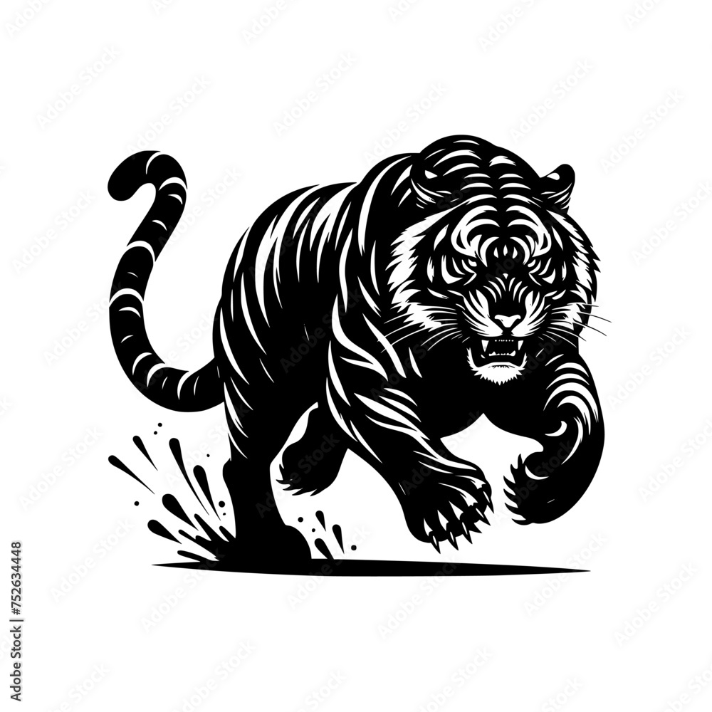 Black and white illustration of a running tiger. professional vector logo of a tiger. Tattoo design for a big cat. Black and white illustration of a running tiger. professional vector logo of a tiger. Tattoo design for a big cat.