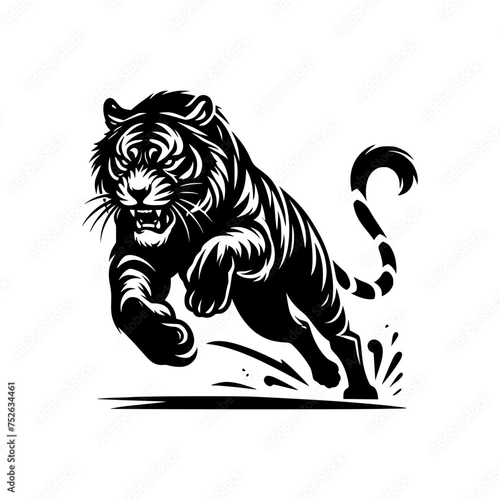 Black and white illustration of a running tiger. professional vector logo of a tiger. Tattoo design for a big cat.