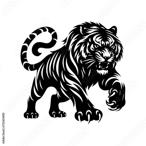 Black and white illustration of a running tiger. professional vector logo of a tiger. Tattoo design for a big cat.