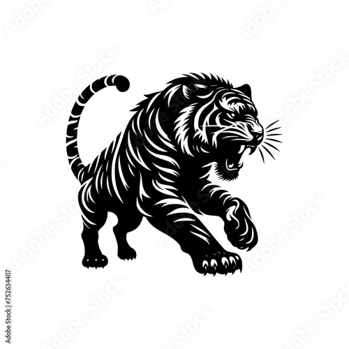 Black and white illustration of a running tiger. professional vector logo of a tiger. Tattoo design for a big cat.