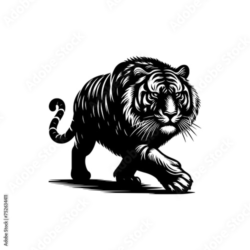 Black and white illustration of a running tiger. professional vector logo of a tiger. Tattoo design for a big cat.