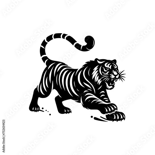 Black and white illustration of a running tiger. professional vector logo of a tiger. Tattoo design for a big cat.