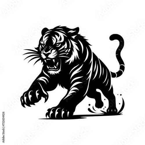 Black and white illustration of a running tiger. professional vector logo of a tiger. Tattoo design for a big cat.