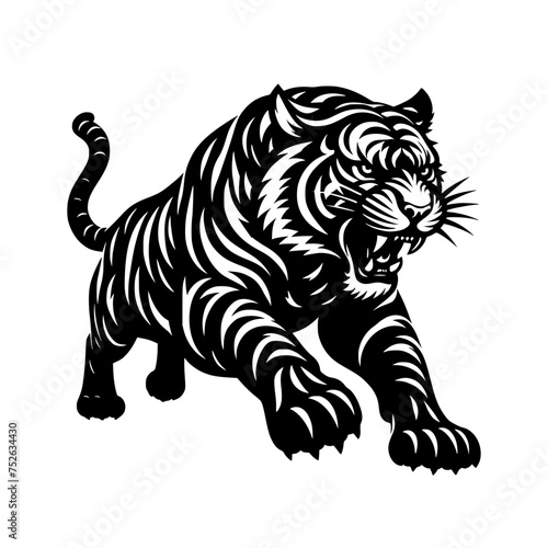 Black and white illustration of a running tiger. professional vector logo of a tiger. Tattoo design for a big cat.