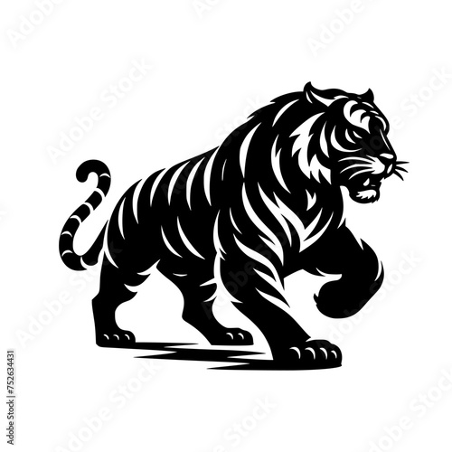 Black and white illustration of a running tiger. professional vector logo of a tiger. Tattoo design for a big cat.