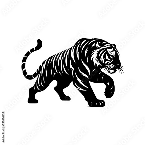 Black and white illustration of a running tiger. professional vector logo of a tiger. Tattoo design for a big cat.