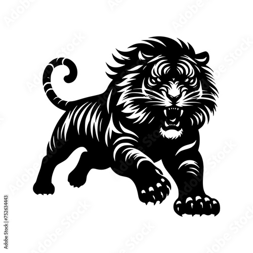 Black and white illustration of a running tiger. professional vector logo of a tiger. Tattoo design for a big cat. © Rifqi Chandra