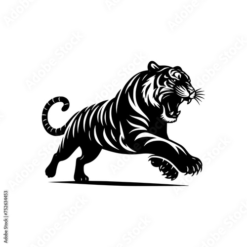 Black and white illustration of a running tiger. professional vector logo of a tiger. Tattoo design for a big cat.