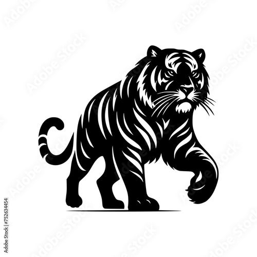 Black and white illustration of a running tiger. professional vector logo of a tiger. Tattoo design for a big cat.