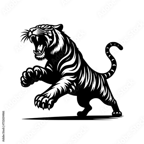 Black and white illustration of a running tiger. professional vector logo of a tiger. Tattoo design for a big cat.