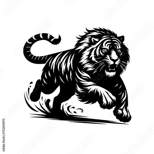 Black and white illustration of a running tiger. professional vector logo of a tiger. Tattoo design for a big cat.