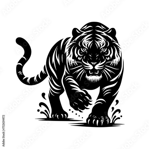 Black and white illustration of a running tiger. professional vector logo of a tiger. Tattoo design for a big cat.