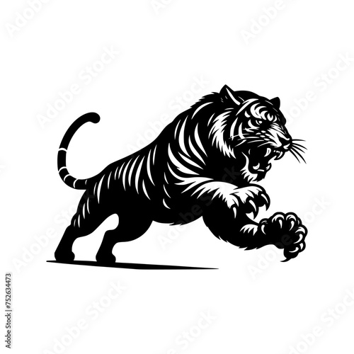 Black and white illustration of a running tiger. professional vector logo of a tiger. Tattoo design for a big cat.